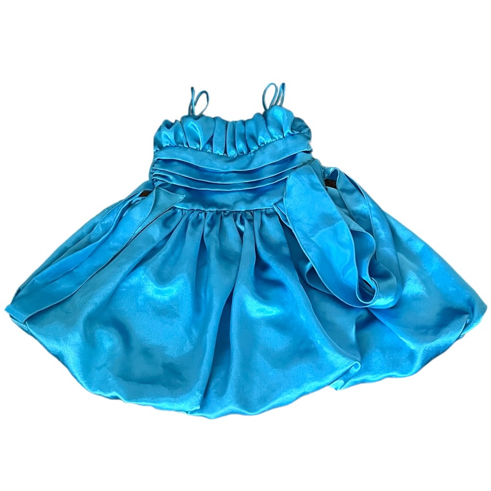 Blue Satin Dress Size 2 w/ Tie Detail, Stains & Small Hole, Made in USA